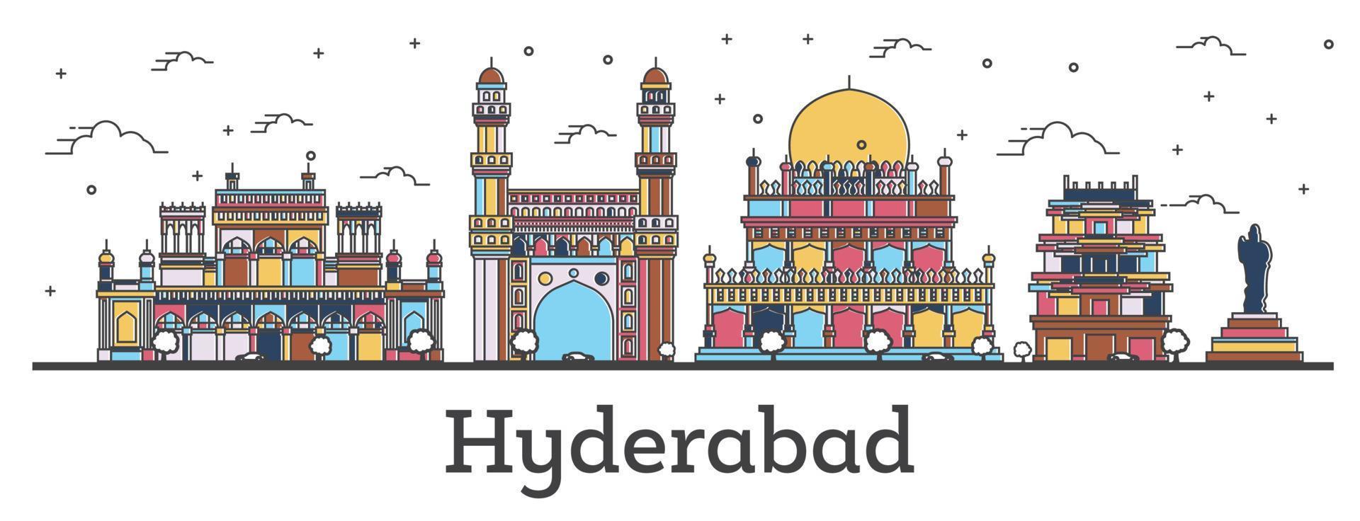 esbozar el horizonte de la ciudad de hyderabad india con edificios de color aislados en blanco. vector
