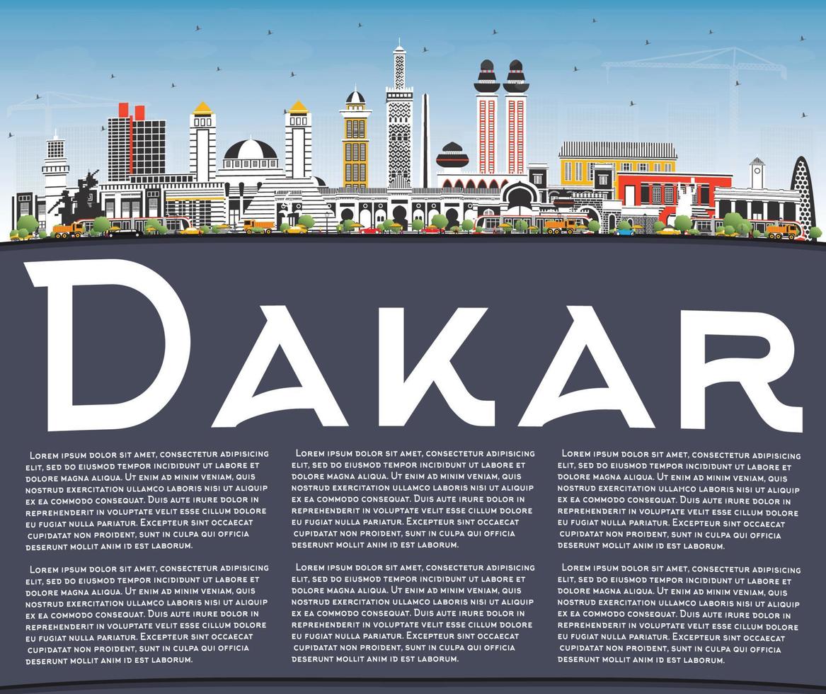 horizonte de la ciudad de dakar senegal con edificios de color, cielo azul y espacio de copia. vector
