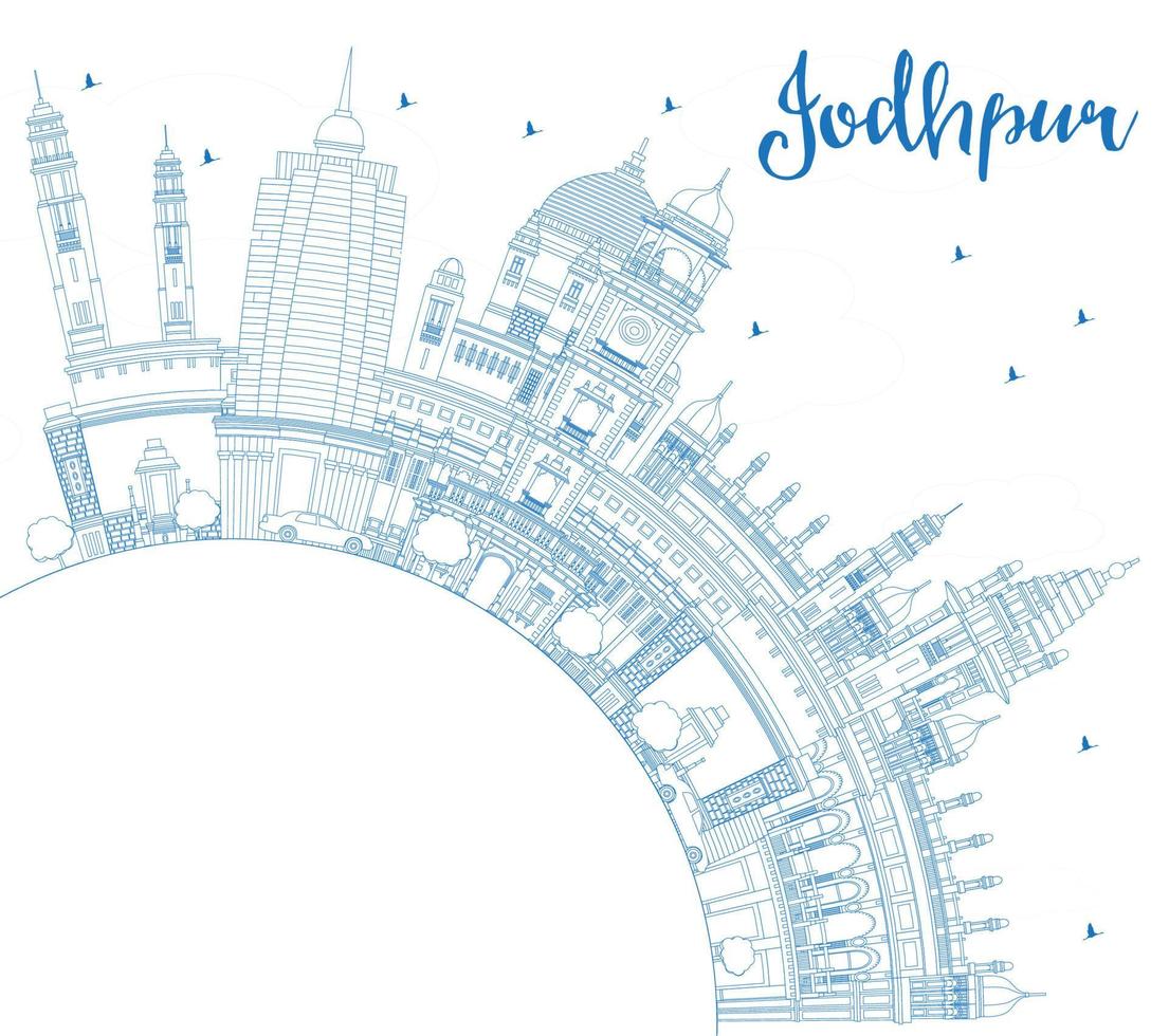 Outline Jodhpur India City Skyline with Blue Buildings and Copy Space. vector