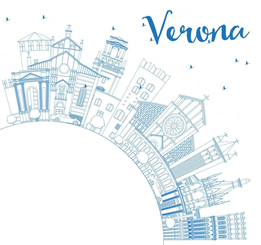 Outline Verona Italy City Skyline with Blue Buildings and Copy Space. vector
