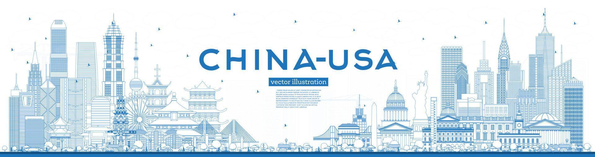 Outline China and USA Skyline with Blue Buildings. vector