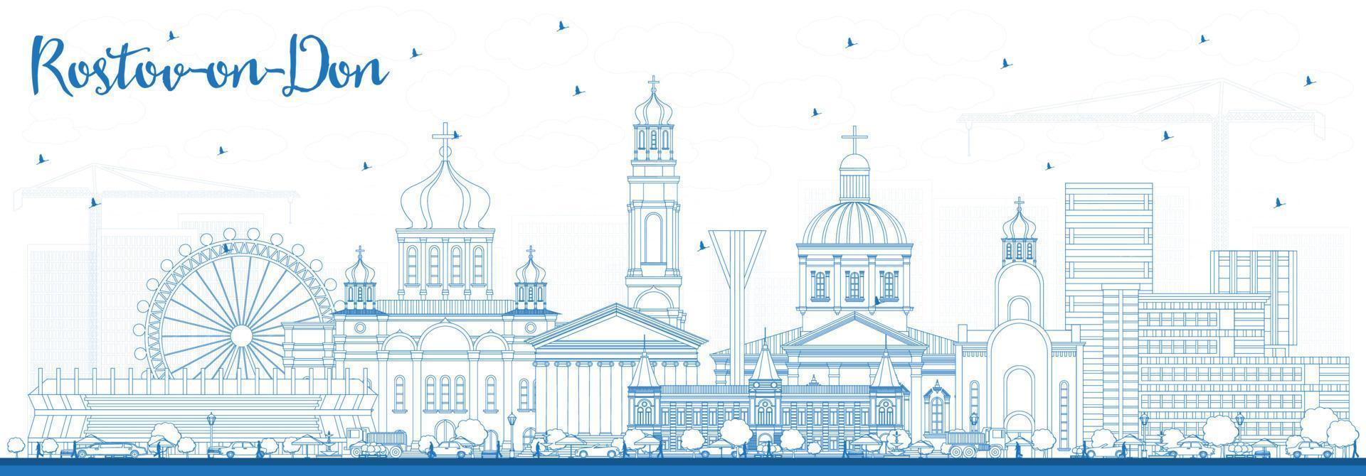 Outline Rostov-on-Don Russia City Skyline with Blue Buildings. vector