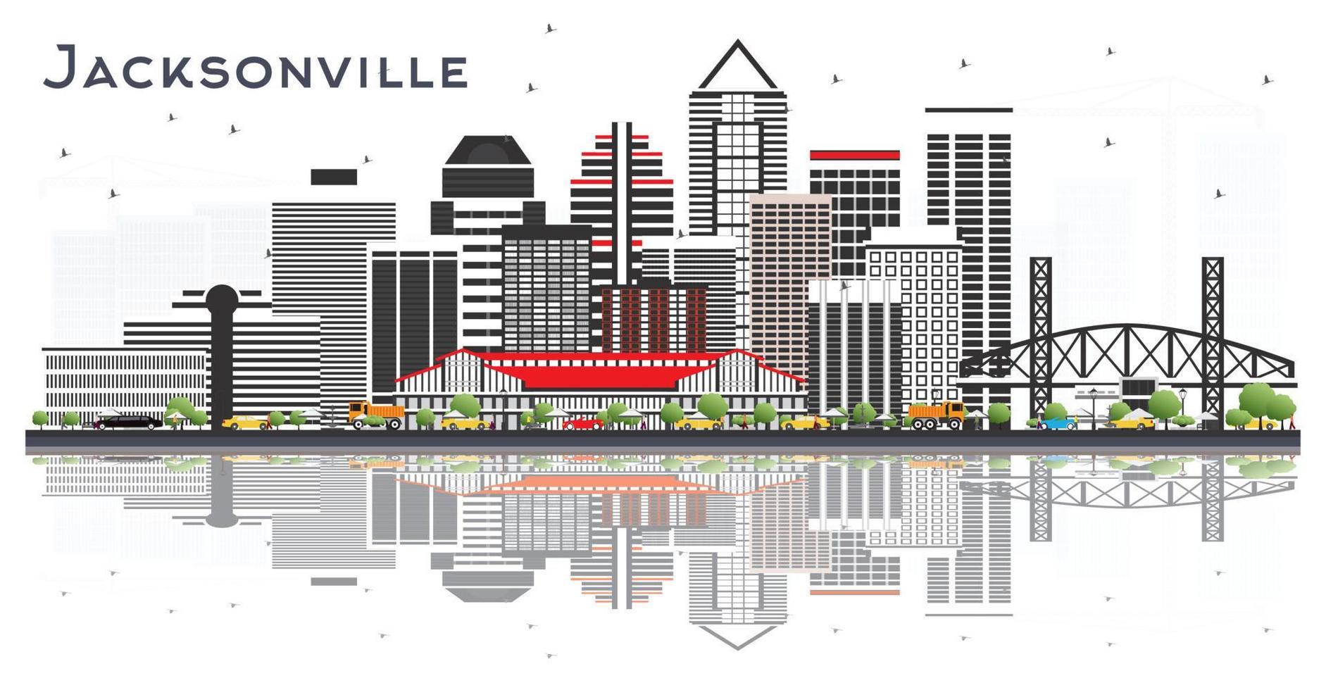 horizonte de la ciudad de jacksonville florida con edificios grises y reflejos aislados en blanco. vector