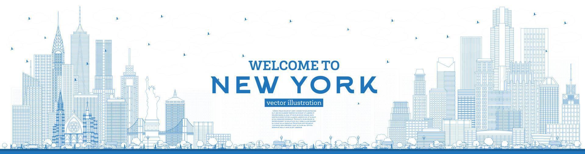 Outline Welcome to New York USA Skyline with Blue Buildings. vector