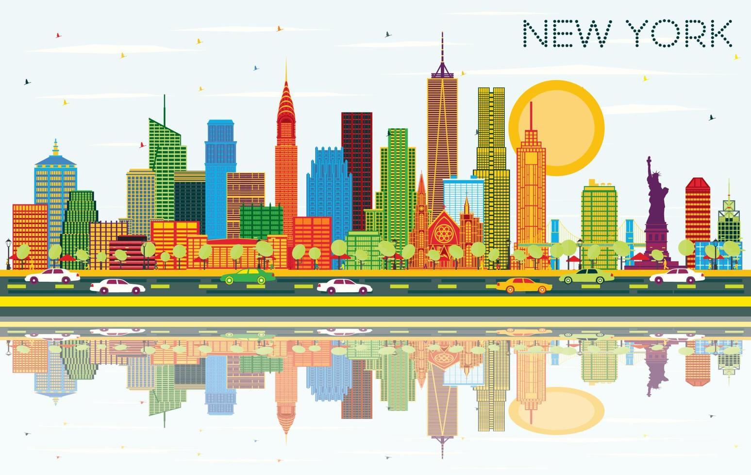 New York USA City Skyline with Color Skyscrapers, Blue Sky and