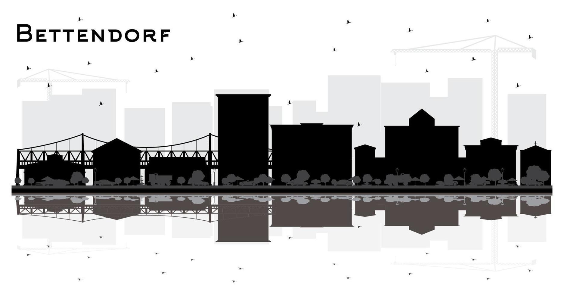 silueta del horizonte de la ciudad de bettendorf iowa con edificios negros y reflejos aislados en blanco. vector