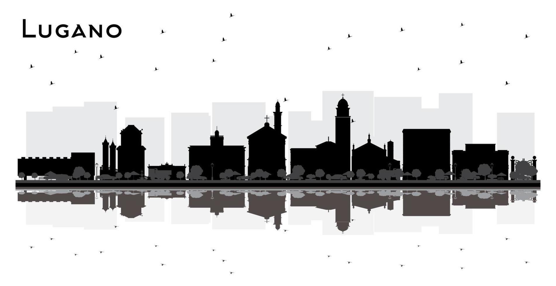 Lugano Switzerland City Skyline Silhouette with Black Buildings and Reflections Isolated on White. vector