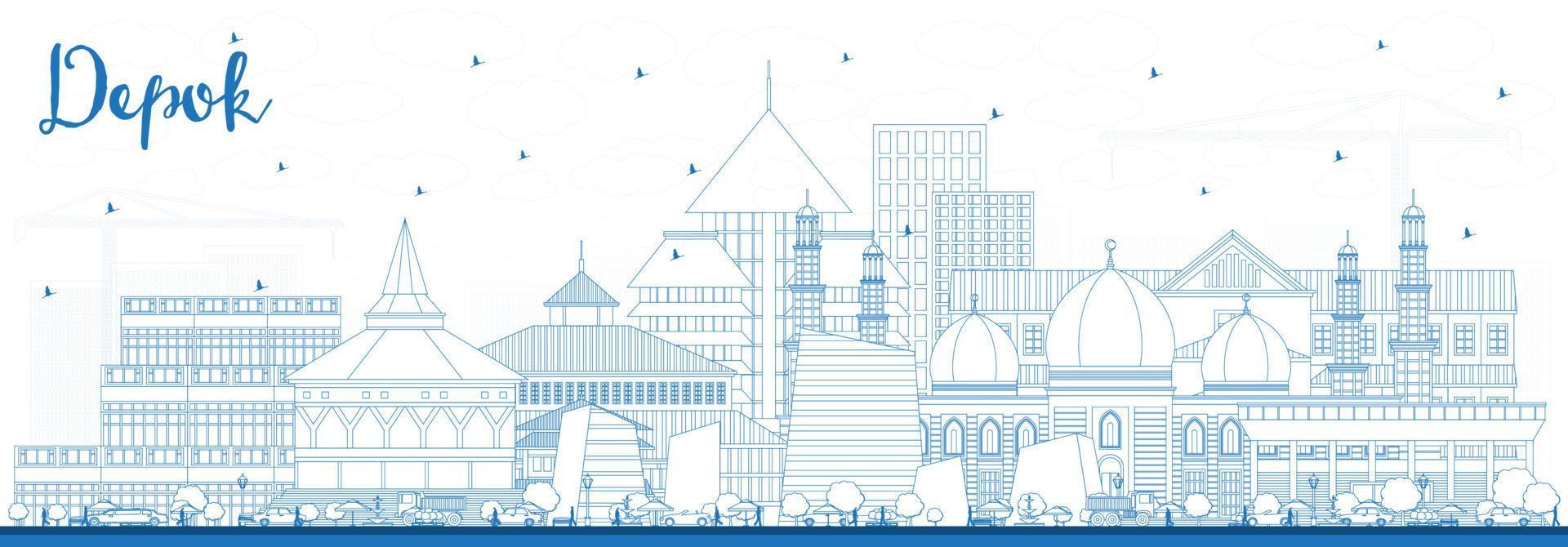 Outline Depok Indonesia City Skyline with Blue Buildings. vector