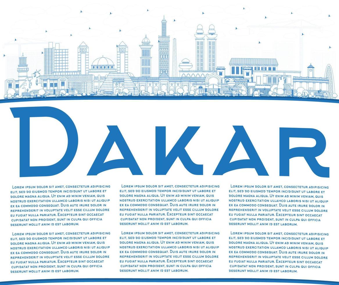 Outline Dakar Senegal City Skyline with Blue Buildings and Copy Space. vector