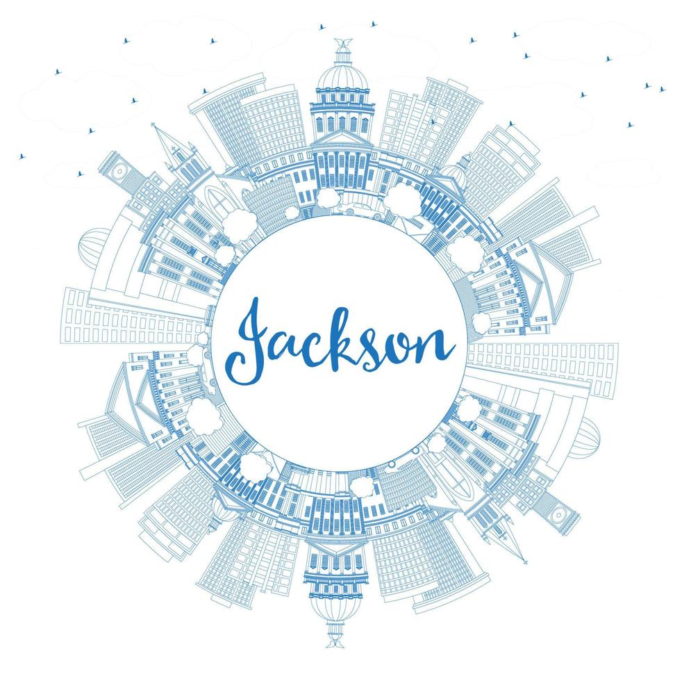 esbozar el horizonte de la ciudad de jackson mississippi con edificios azules y espacio de copia. vector