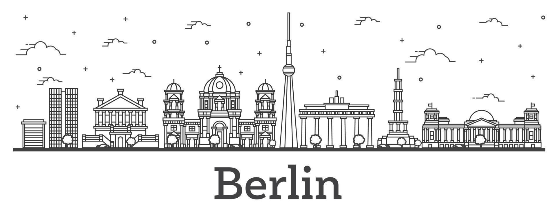 delinear el horizonte de la ciudad de berlín alemania con edificios históricos aislados en blanco. vector