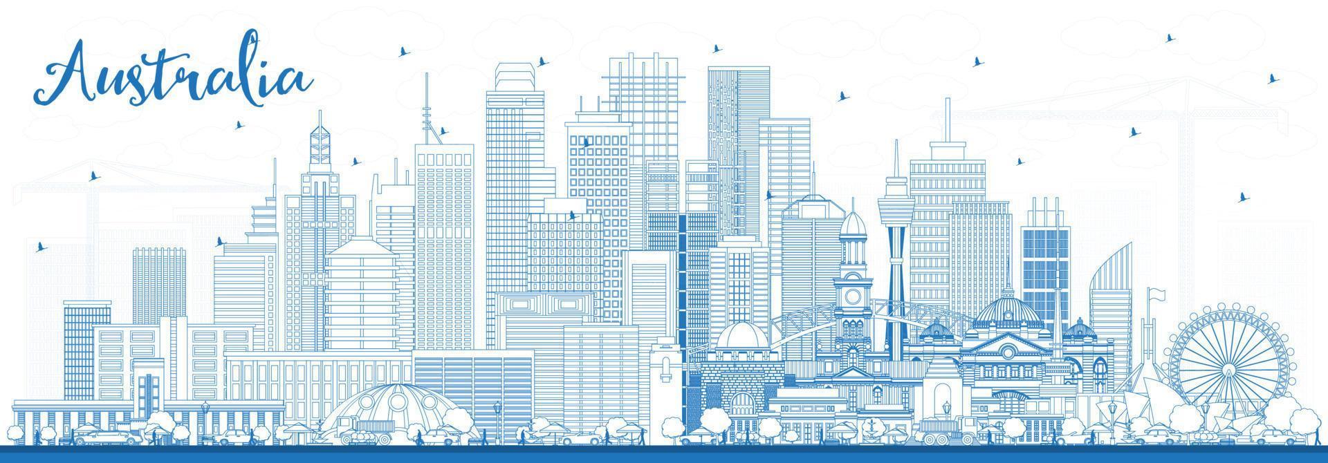 Outline Australia City Skyline with Blue Buildings. vector