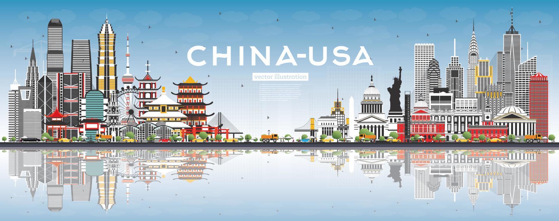 China and USA Skyline with Gray Buildings, Blue Sky and Reflections. vector