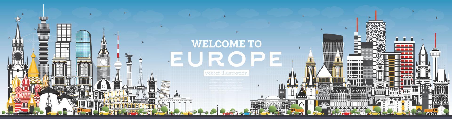 bienvenido al horizonte de europa con edificios grises y cielo azul. vector