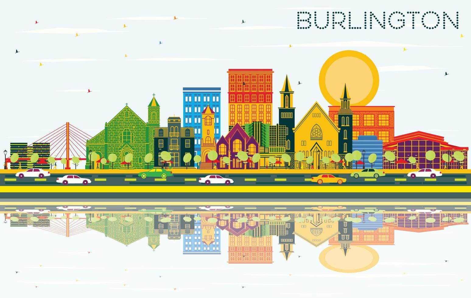 Burlington Iowa Skyline with Color Buildings, Blue Sky and Reflections