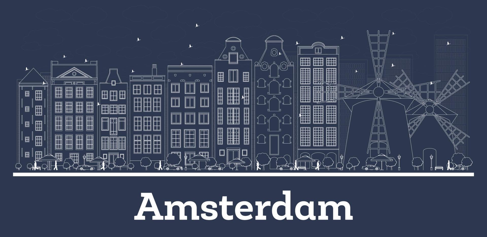 delinear el horizonte de la ciudad de la república holandesa de amsterdam con edificios blancos. vector