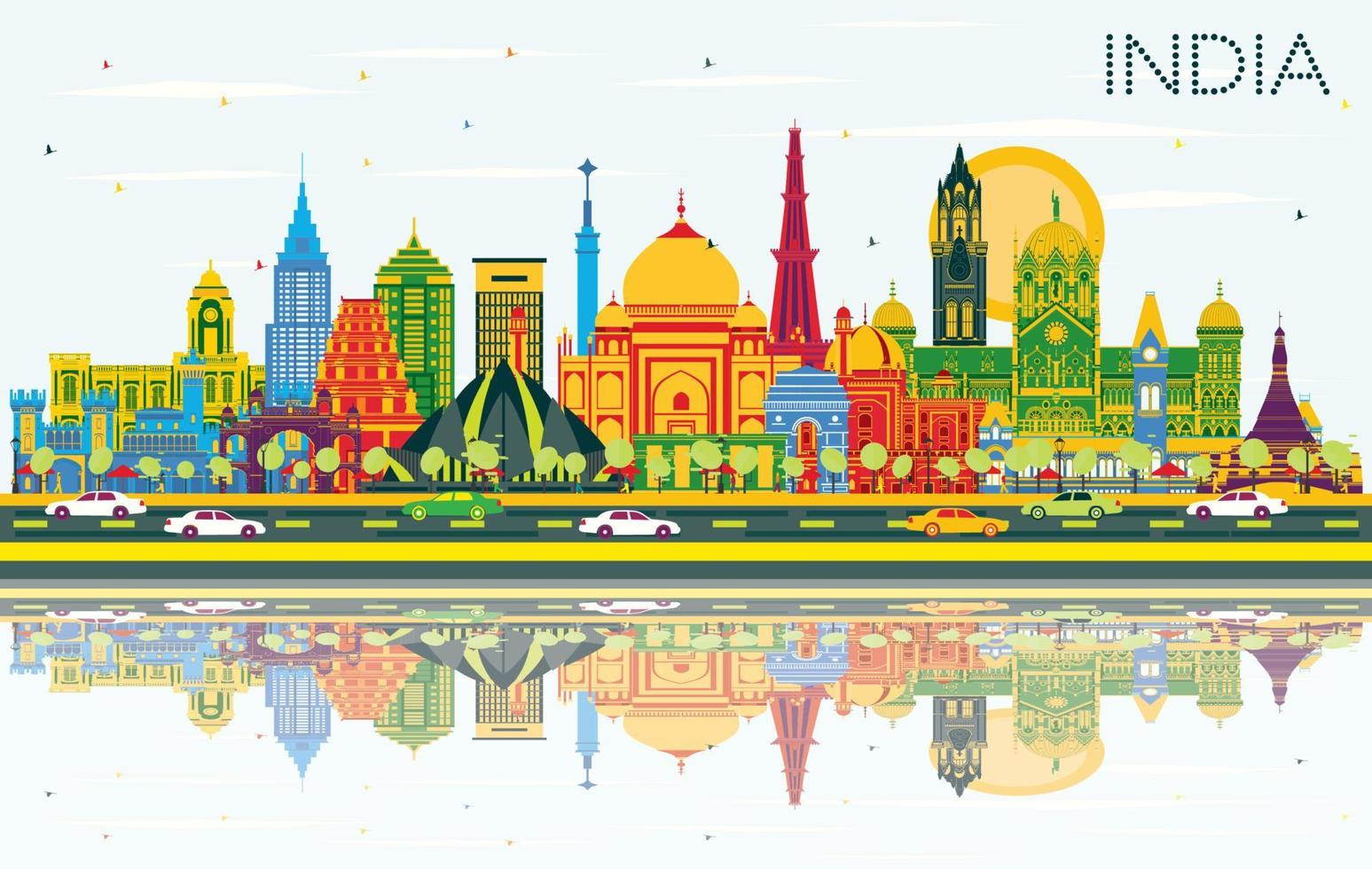 India City Skyline with Color Buildings, Blue Sky and Reflections. vector