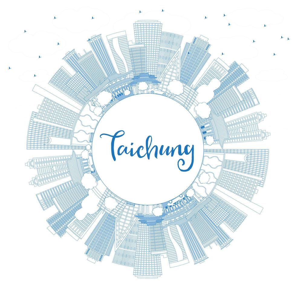 Outline Taichung Taiwan City Skyline with Blue Buildings and Copy Space. vector