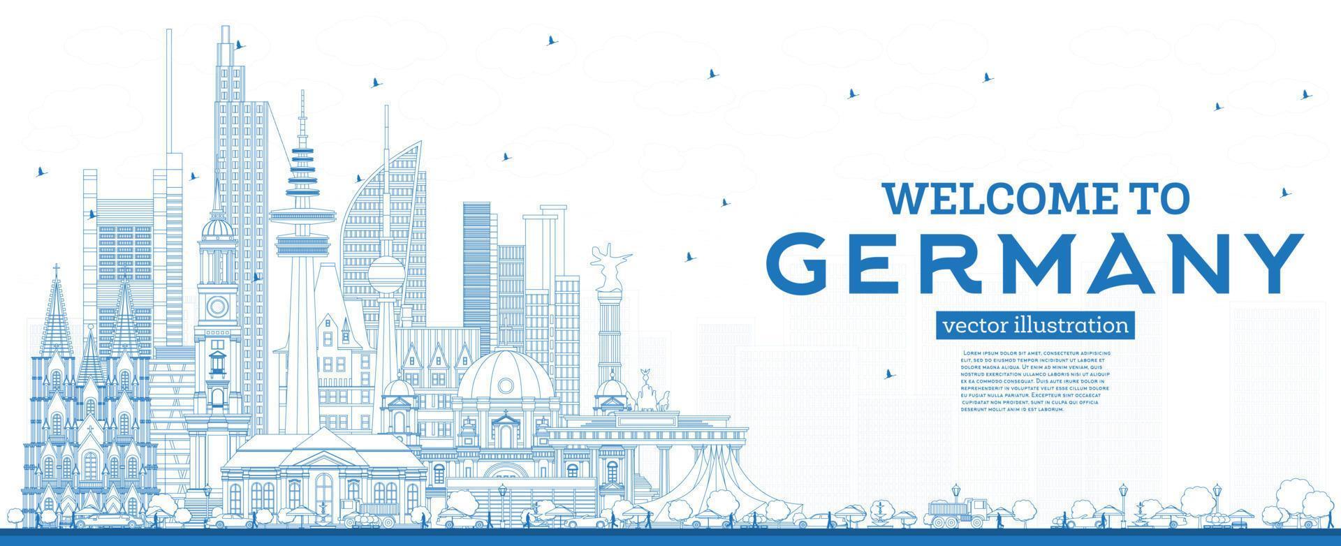 Outline Welcome to Germany Skyline with Blue Buildings. vector