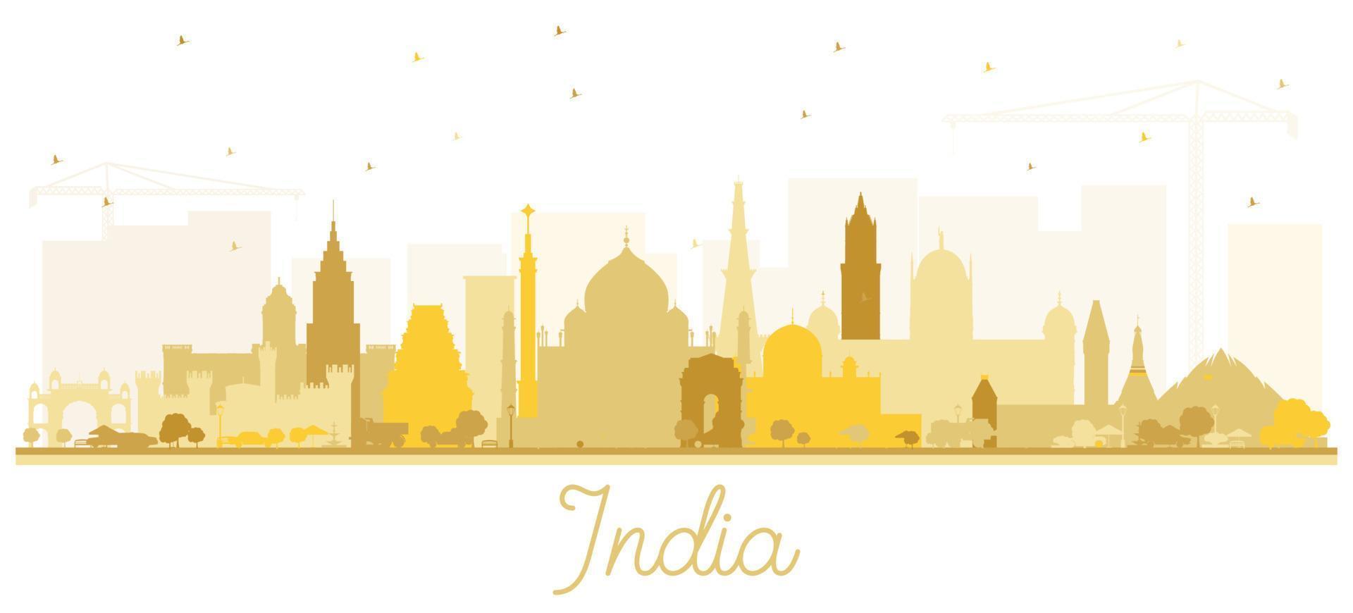 silueta del horizonte de la ciudad india con edificios dorados aislados en blanco. vector