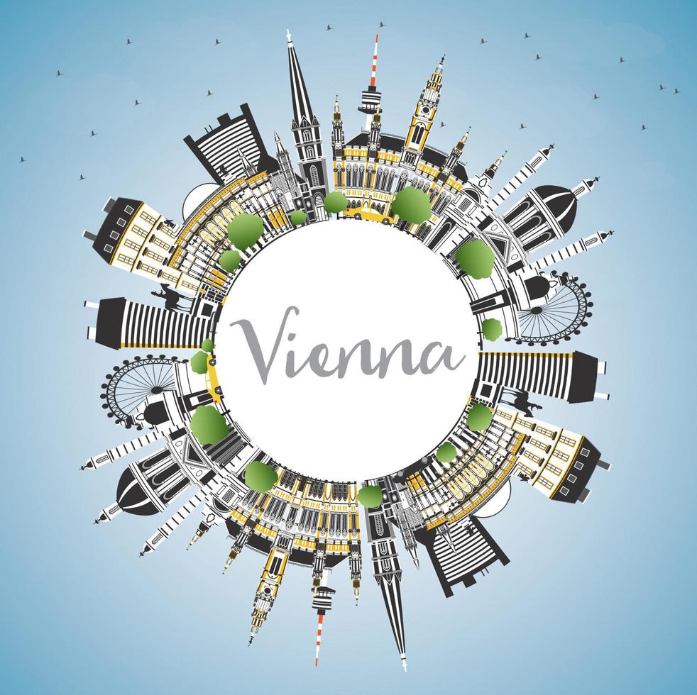 horizonte de la ciudad de viena austria con edificios de color, cielo azul y espacio para copiar. vector