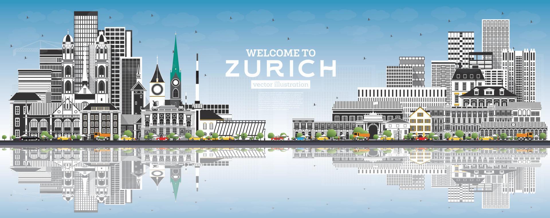 bienvenido al horizonte de zurich suiza con edificios grises, cielo azul y reflejos. vector