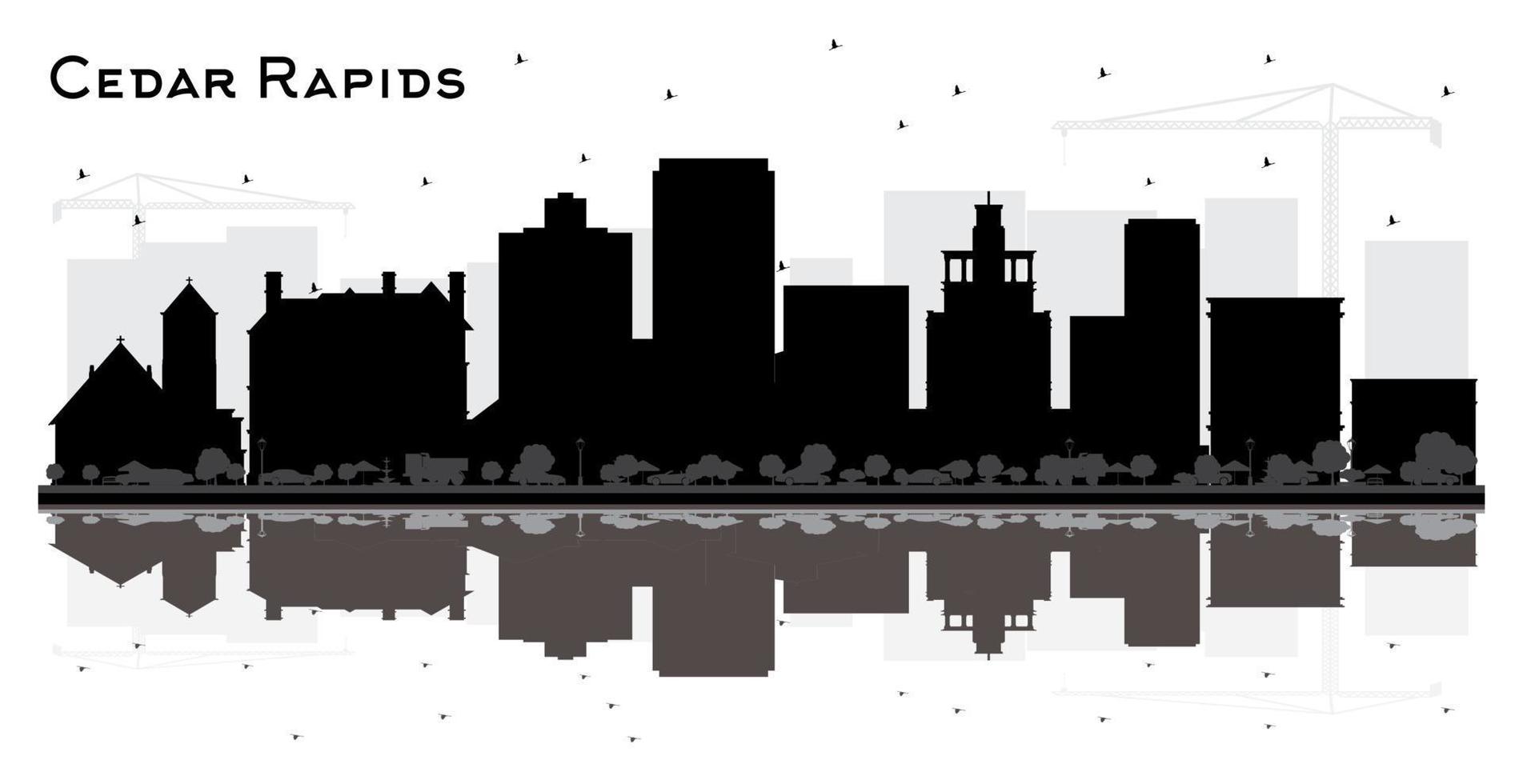 Cedar rapids silueta del horizonte de la ciudad de iowa con edificios negros y reflejos aislados en blanco. vector