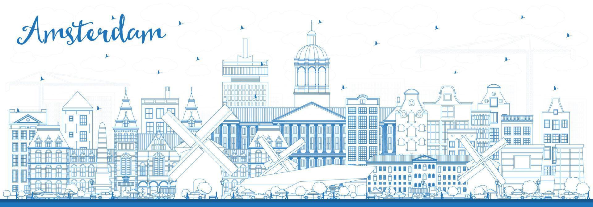 delinear el horizonte de la ciudad de amsterdam holanda con edificios azules. vector