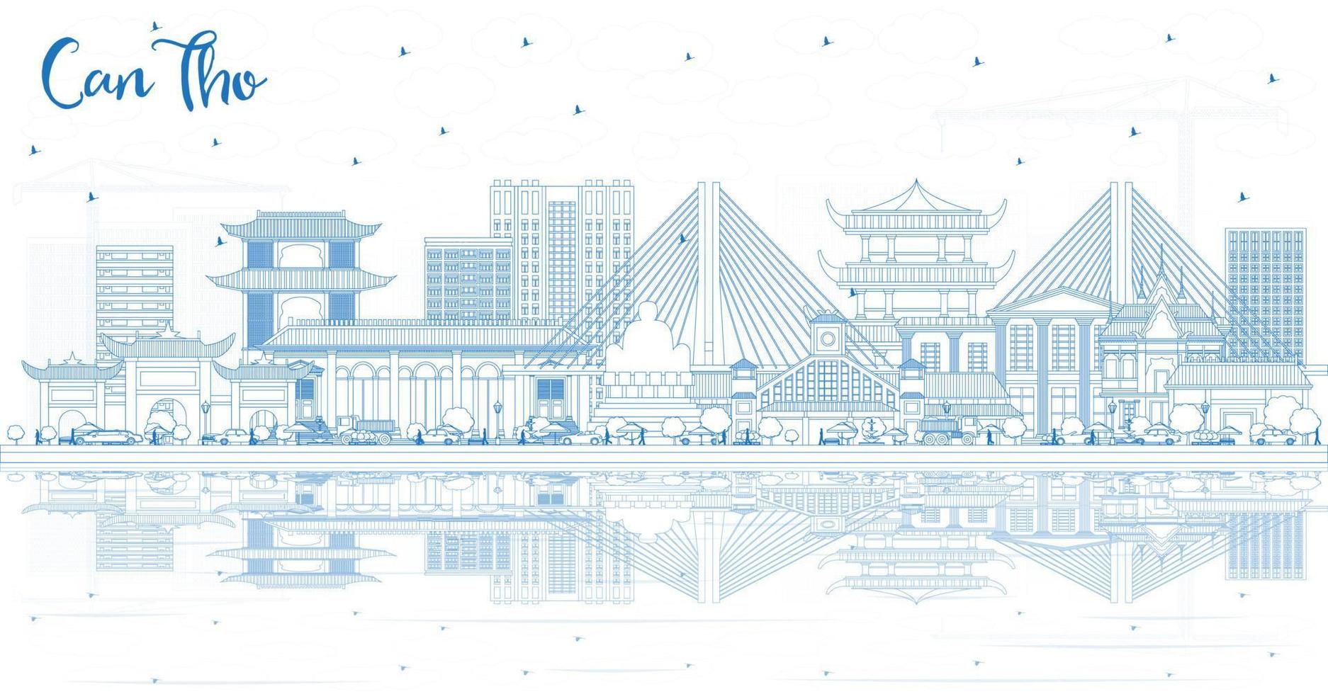 Outline Can Tho Vietnam City Skyline with Blue Buildings and Reflections. vector