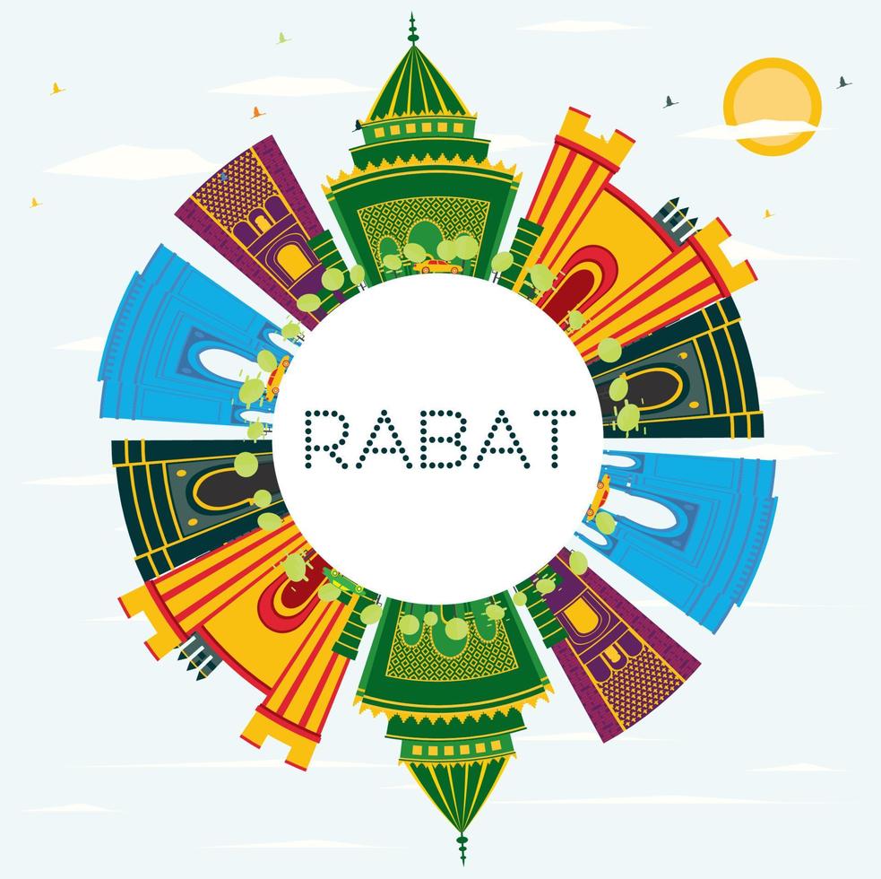 Rabat Morocco Skyline with Color Buildings, Blue Sky and Copy Space. vector