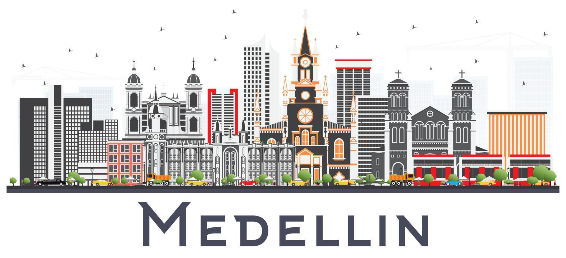 Medellin Colombia City Skyline with Gray Buildings Isolated on White Background. vector