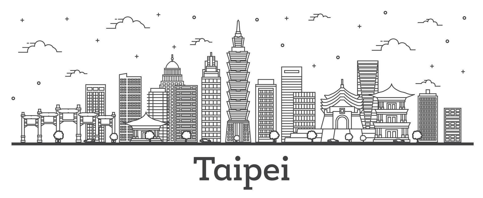 delinear el horizonte de la ciudad de taipei taiwán con edificios modernos aislados en blanco. vector
