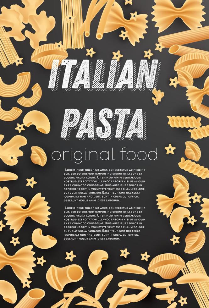 Italian Pasta Background. Farfalle, Conchiglie, Linguine, Maccheroni, Penne, Rigate. vector