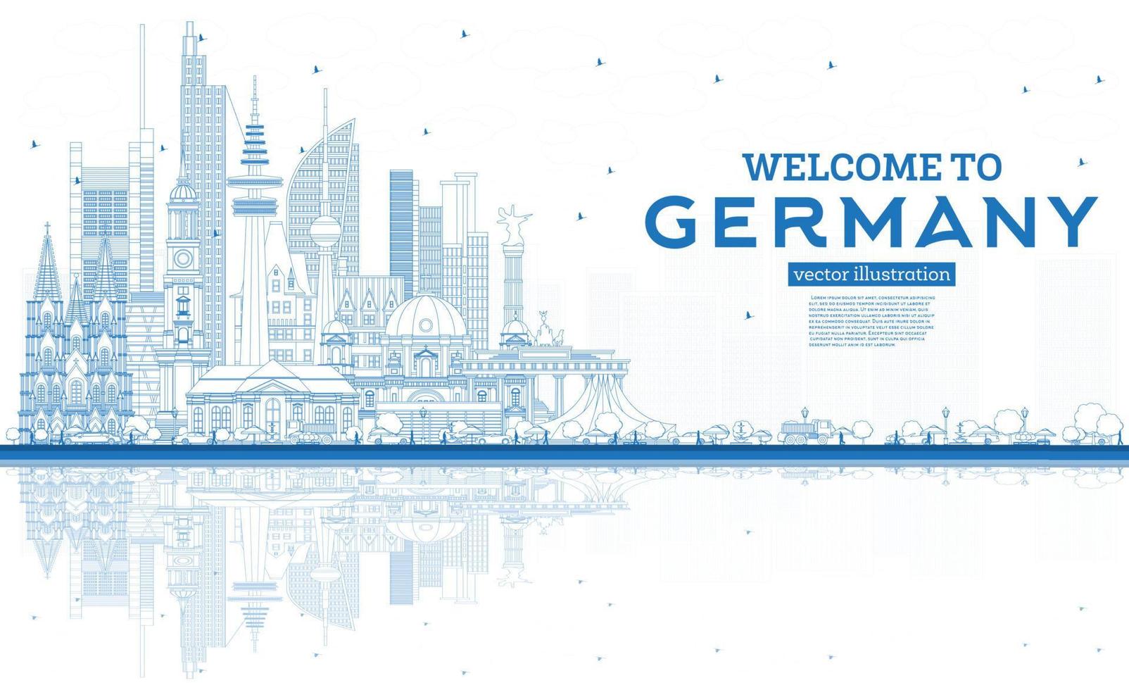 Outline Welcome to Germany Skyline with Blue Buildings and Reflections. vector