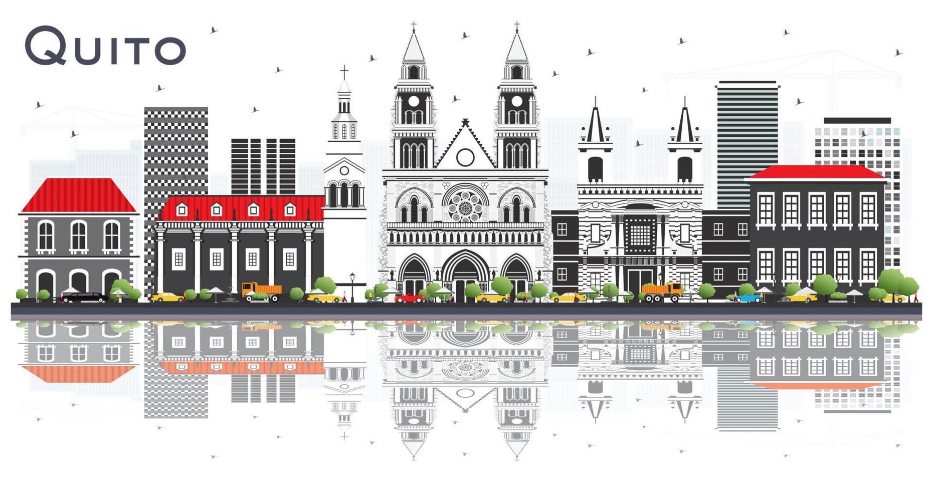 horizonte de la ciudad de quito ecuador con edificios grises y reflejos aislados en blanco. vector