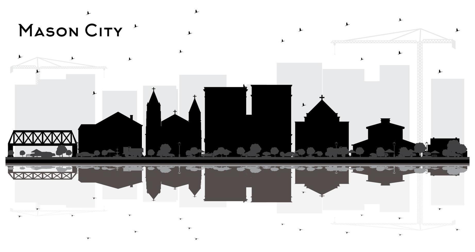 silueta del horizonte de la ciudad de mason city iowa con edificios negros y reflejos aislados en blanco. vector