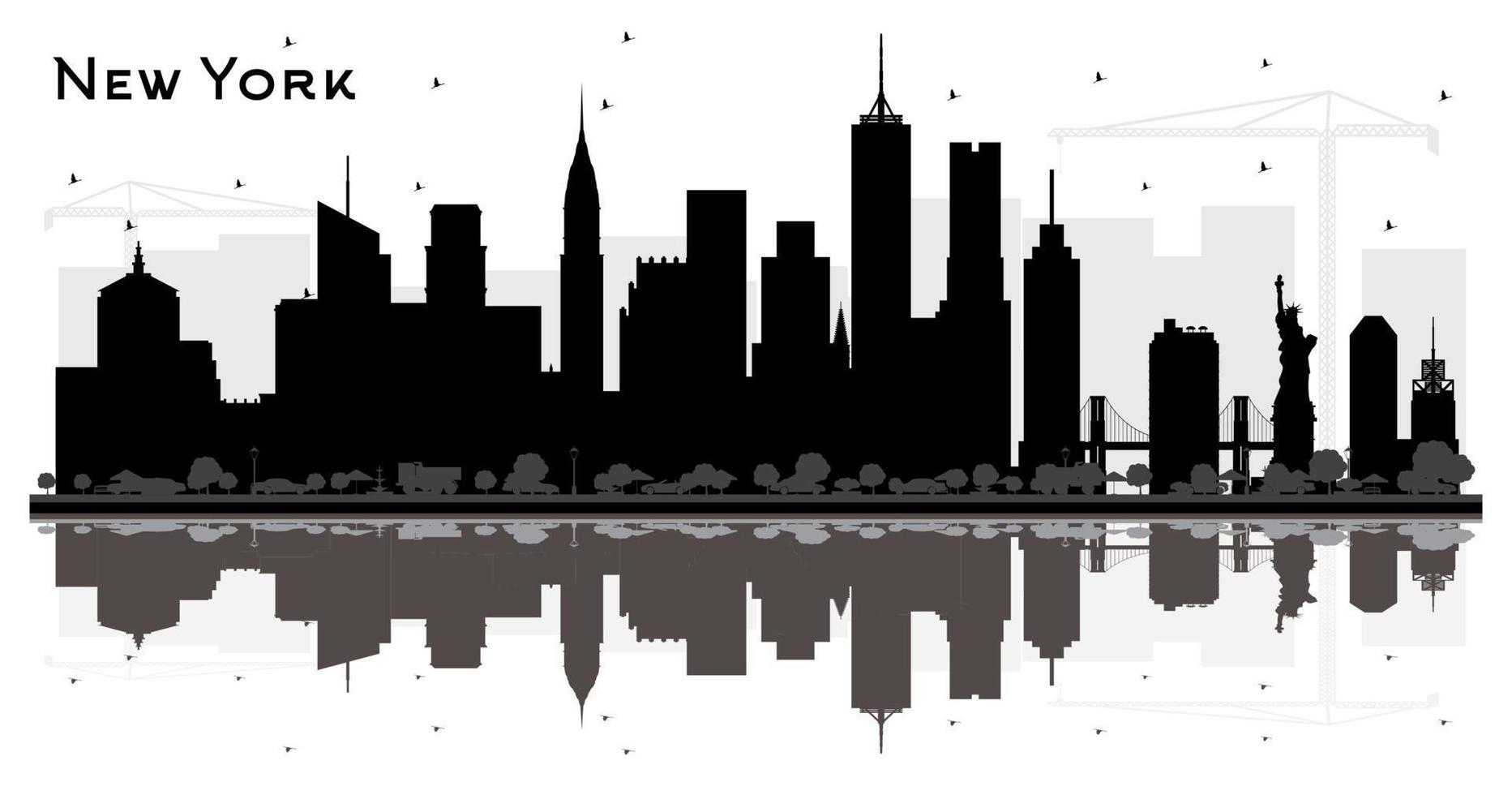 New York USA City Skyline Silhouette with Black Buildings and Reflections Isolated on White. vector