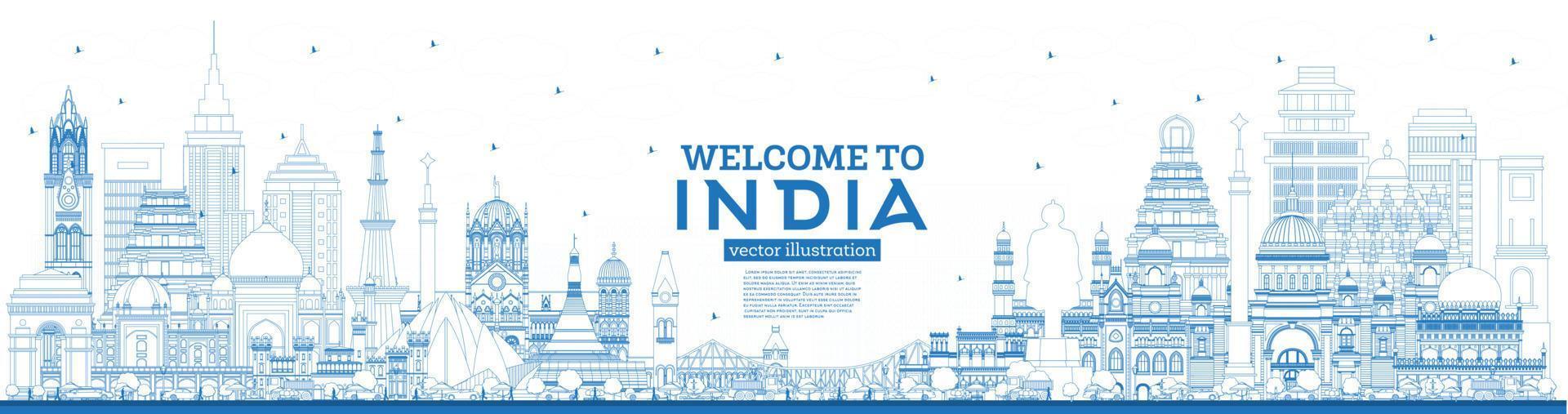 esquema bienvenido al horizonte de la ciudad india con edificios azules. vector