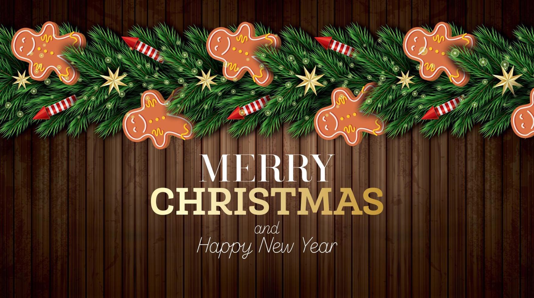 Christmas Greeting Card with Christmas Tree Branches, Red Rockets and Gingerbread Man on Wooden Background. vector