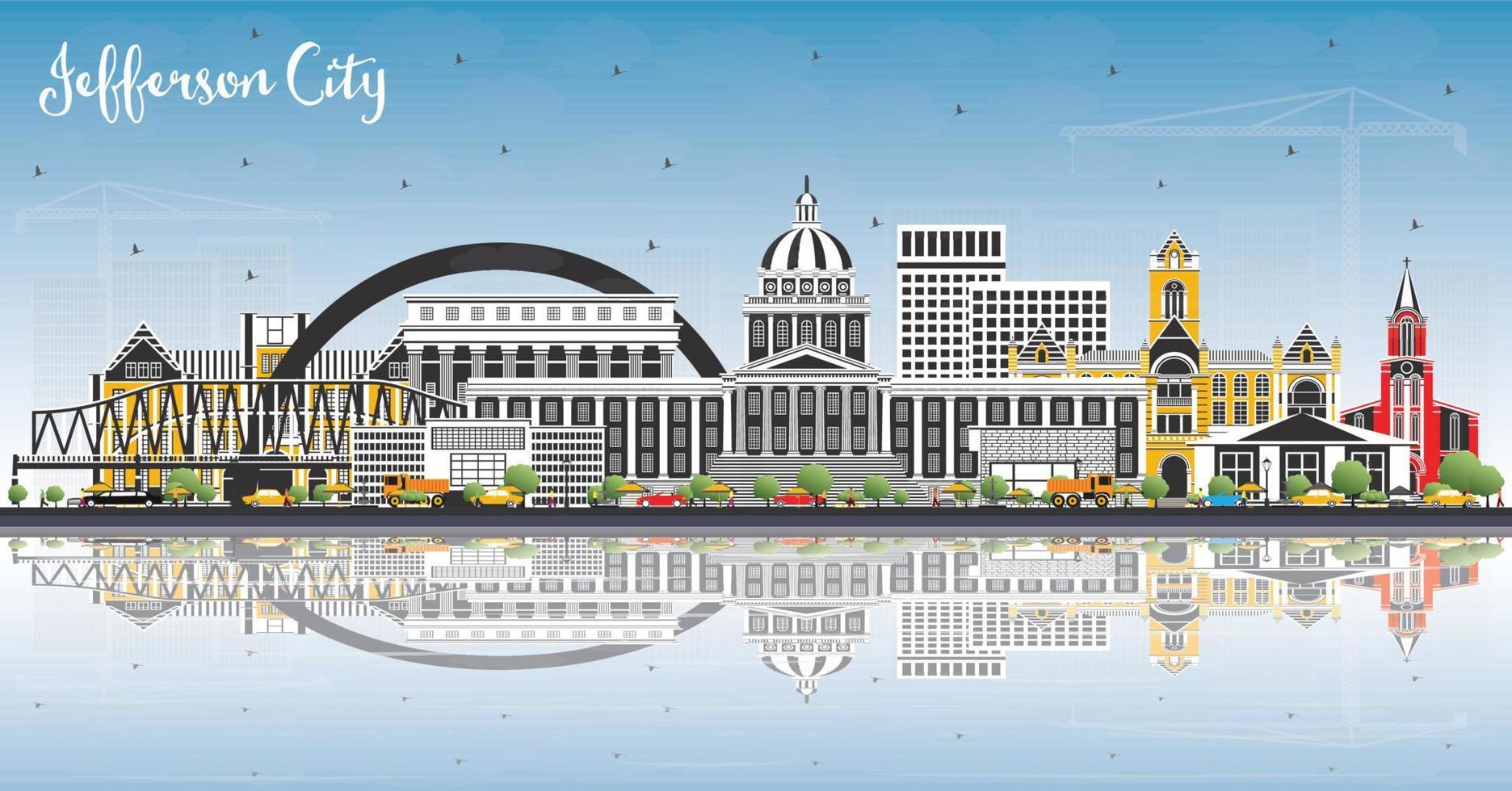 Jefferson City Missouri Skyline with Color Buildings, Blue Sky and Reflections. vector