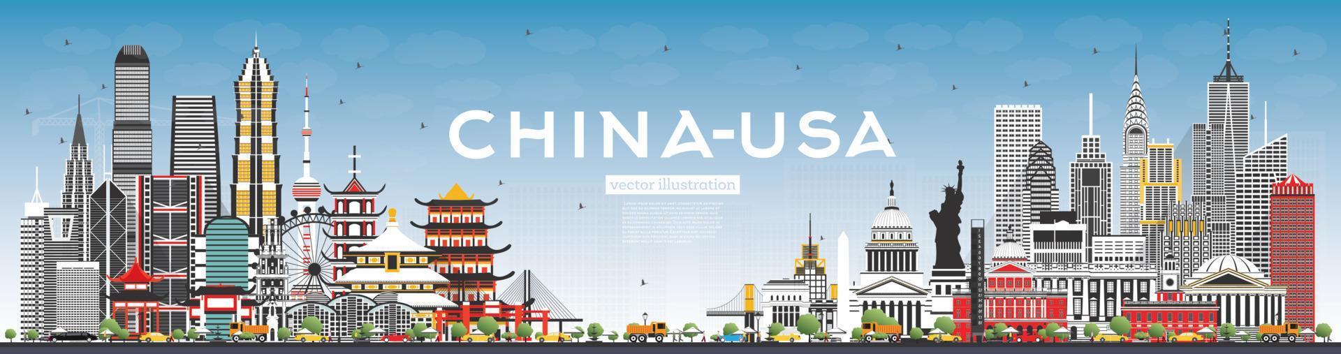 China and USA Skyline with Gray Buildings and Blue Sky. Famous Landmarks. vector