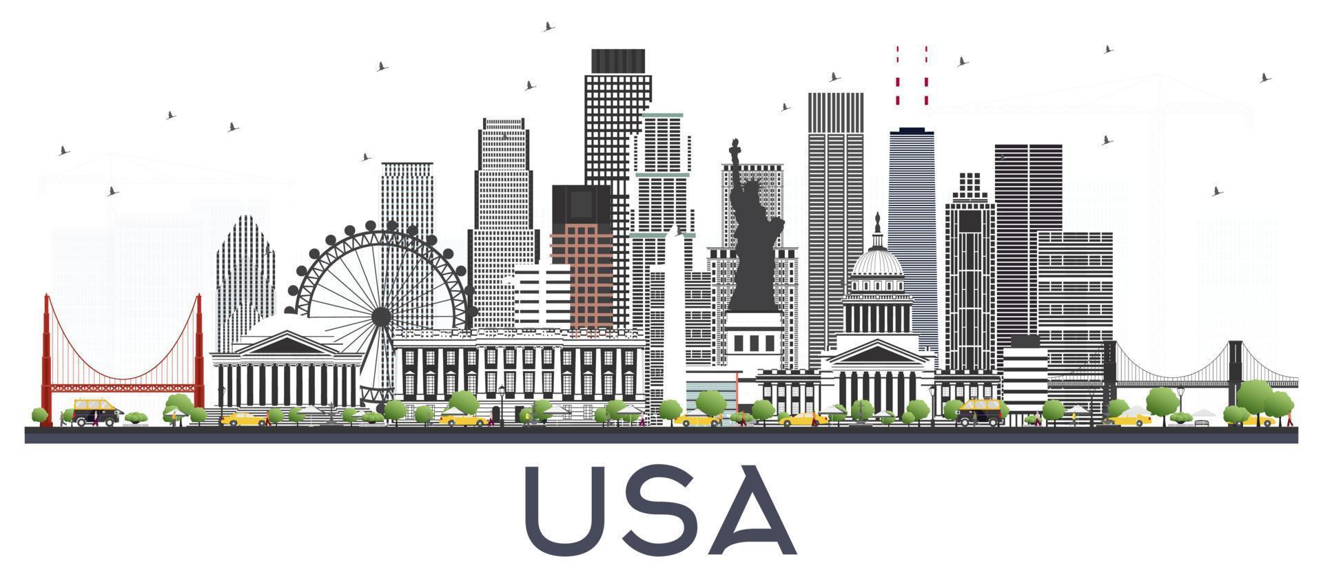 USA City Skyline with Gray Buildings Isolated on White. vector