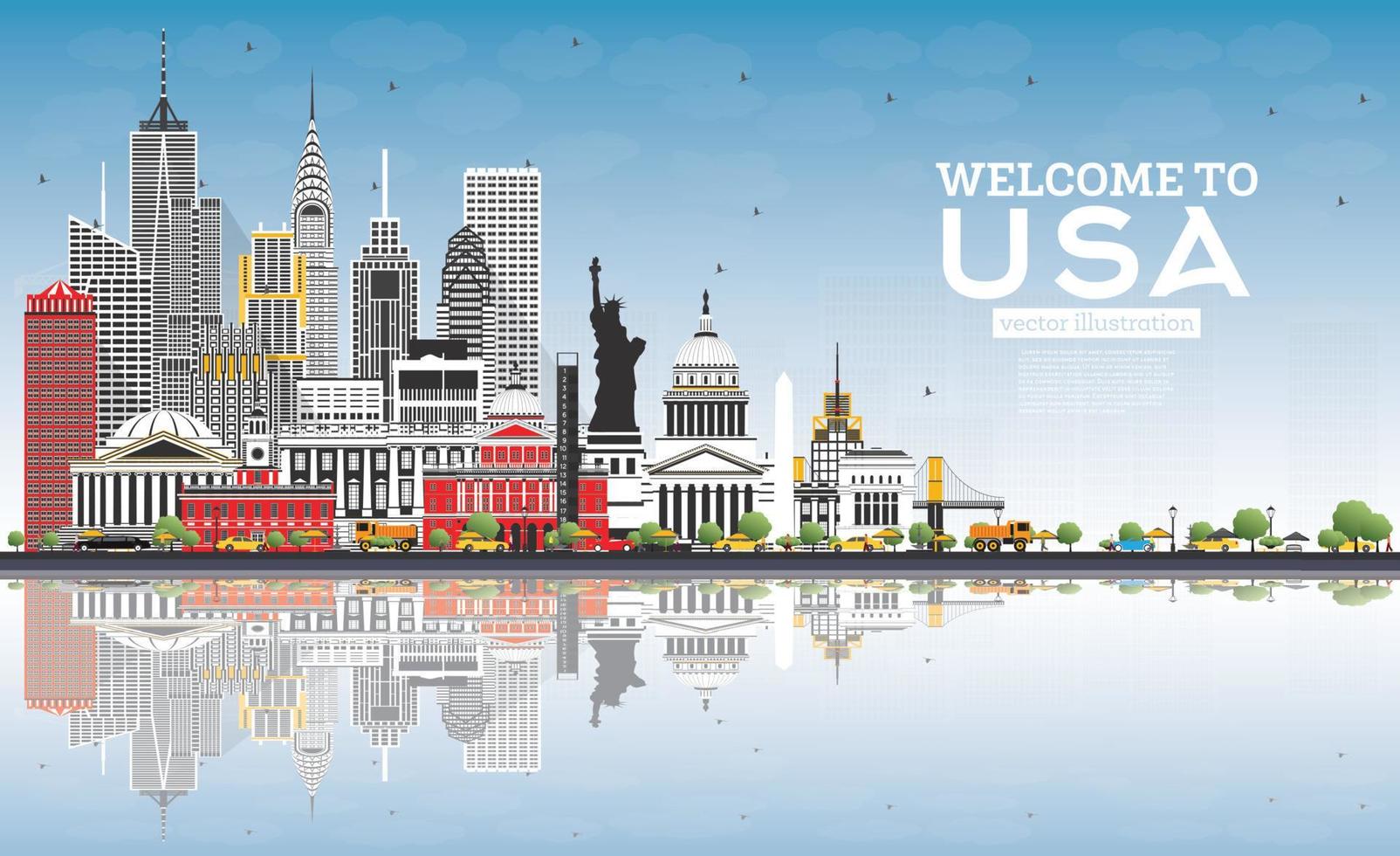 Welcome to USA Skyline with Gray Buildings, Blue Sky and Reflections. vector