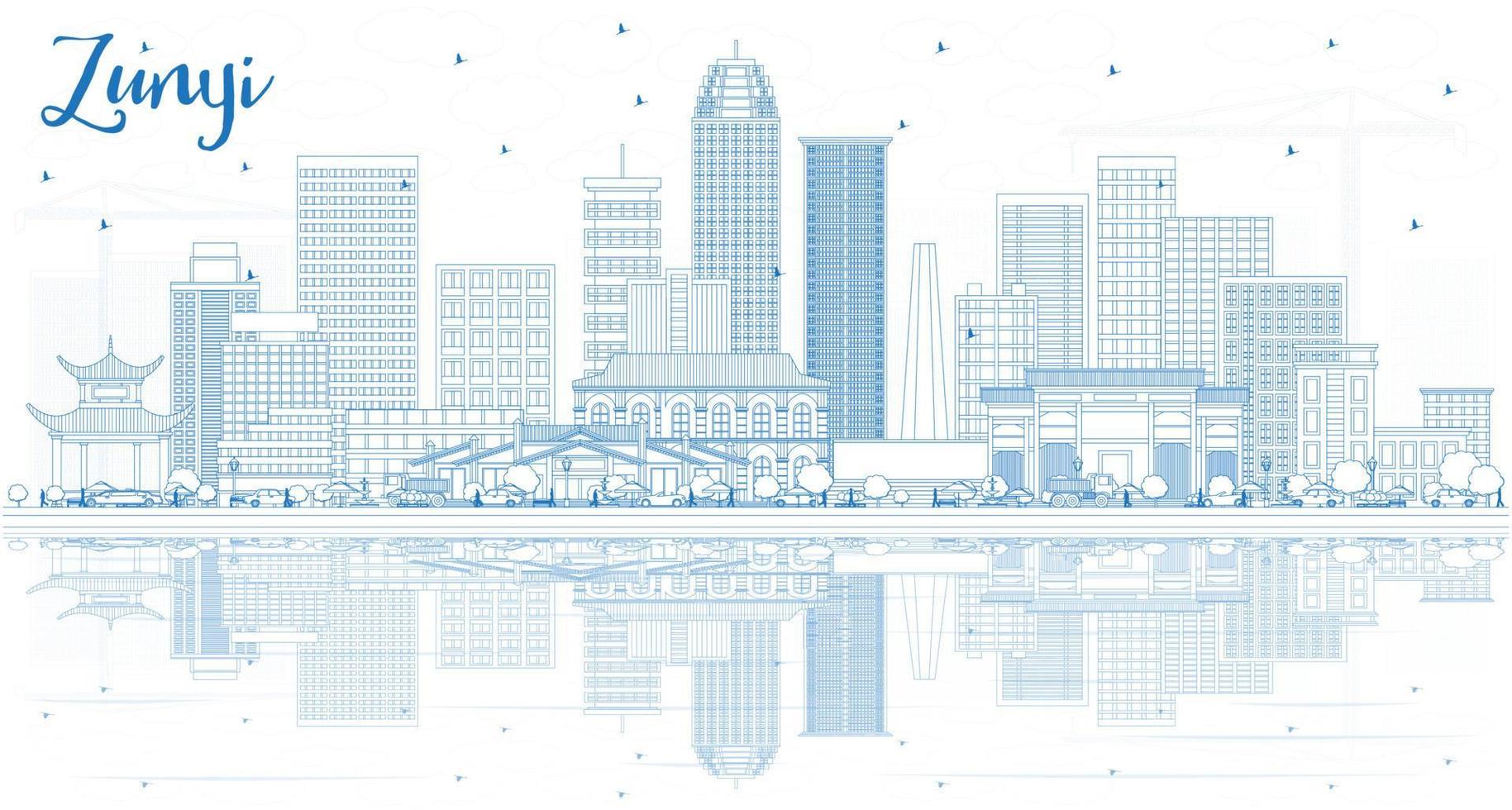 Outline Zunyi China City Skyline with Blue Buildings and Reflections. vector