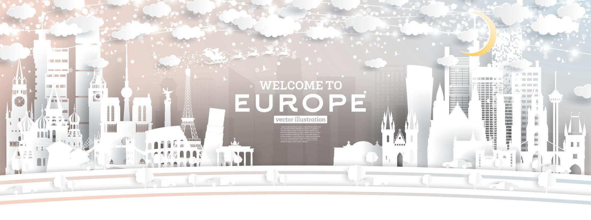 horizonte de la ciudad de europa en estilo de corte de papel con copos de nieve, luna y guirnalda de neón. vector