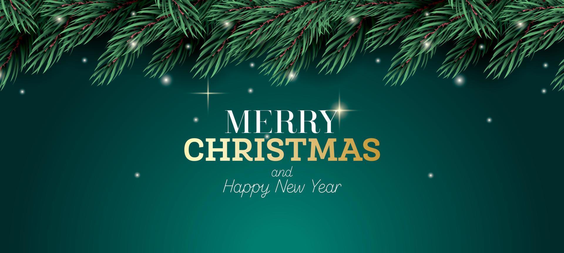 Fir Branch with Neon Lights on Green Background. Merry Christmas and Happy New Year. vector