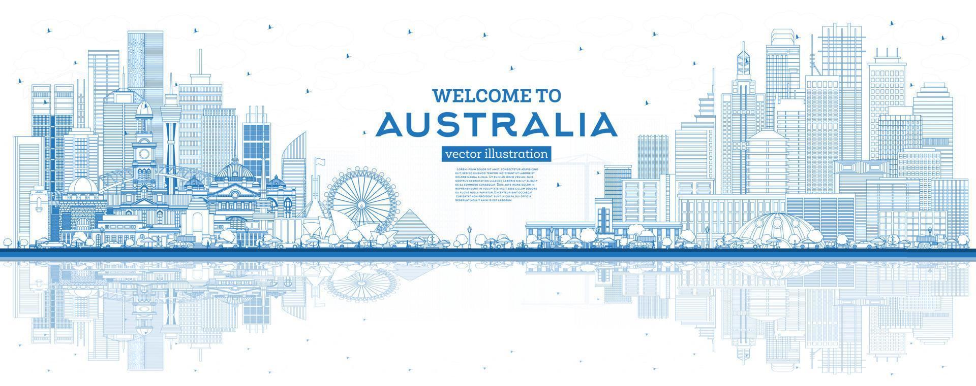 Outline Welcome to Australia Skyline with Blue Buildings and Reflections. vector