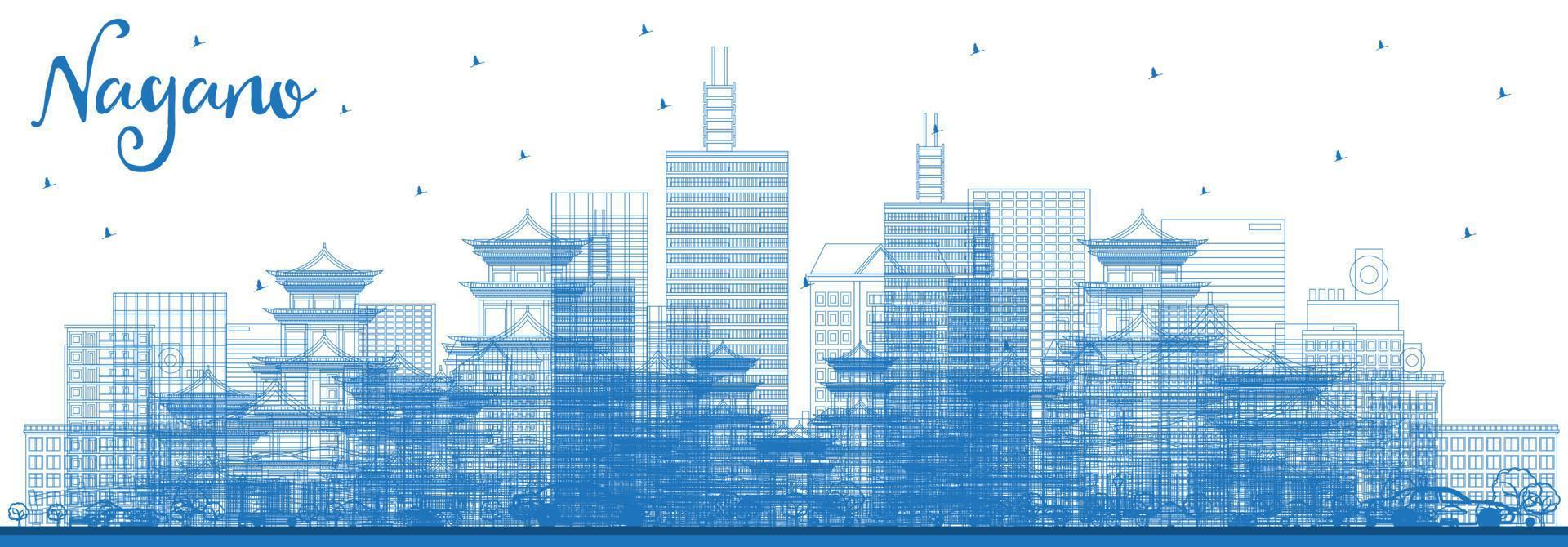 Outline Nagano Japan City Skyline with Blue Buildings. vector