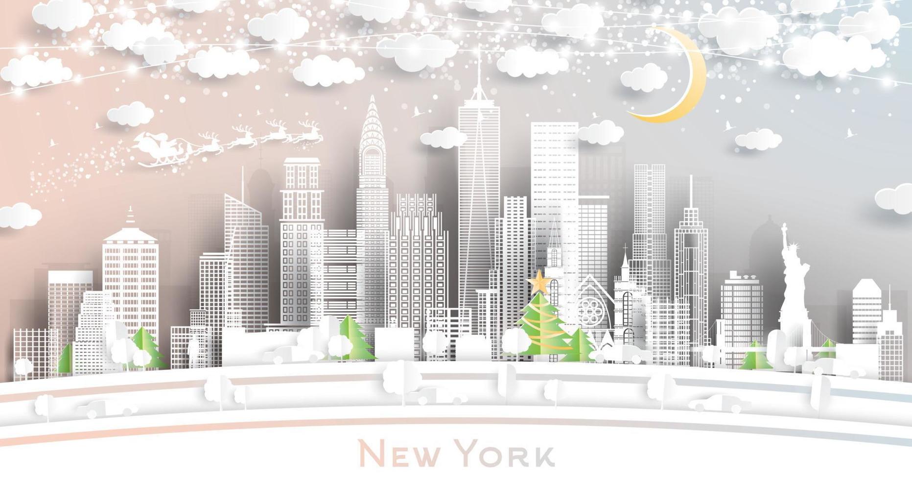 horizonte de la ciudad de nueva york usa en estilo de corte de papel con copos de nieve, luna y guirnalda de neón. vector