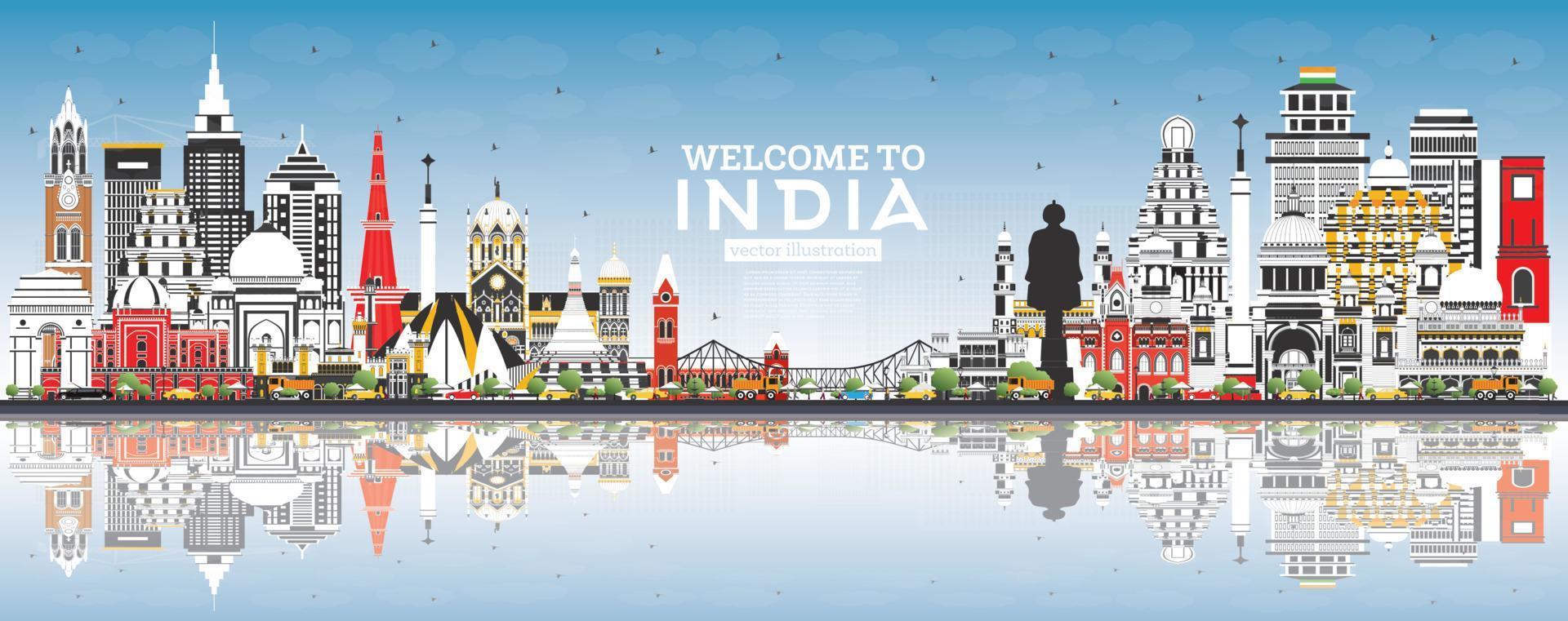 bienvenidos al horizonte de la ciudad india con edificios de colores, cielo azul y reflejos. vector